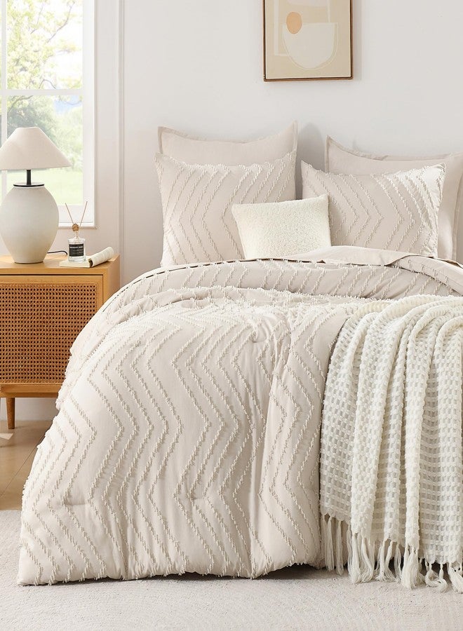 Andency طقم لحاف أندينسي كامل الحجم، بيج بوهيمي كريمي ناعم دافئ منجد محايد اللون، طقم لحاف مكون من 3 قطع بتصميم شيفرون ريفي أنيق بوهيمي مزخرف - Image 2